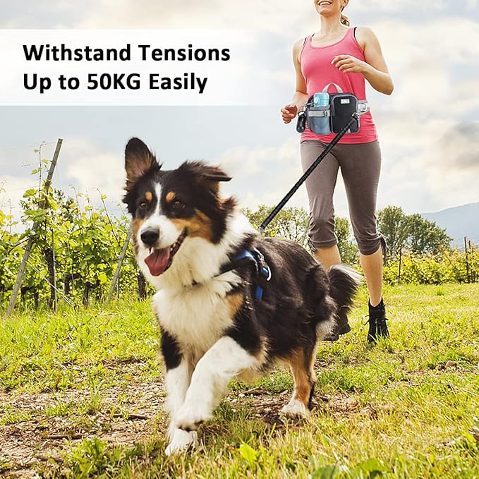 ETACCU Hands Free Dog Leash with Phone Pouch, Water Bottle Holder - Adjustable Waist Belt 19-38 Inch Belt Leash for Running, Reflective Shock Absorbing 48"-70" Extendable