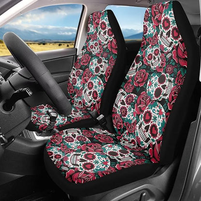 Dreaweet Halloween Car Seat Covers Front Seats Only Goth Car Accessories 2 Piece Red Rose Skull Front Car Seat Cover Washable Universal Fit Most Cars SUV Sedan Trucks
