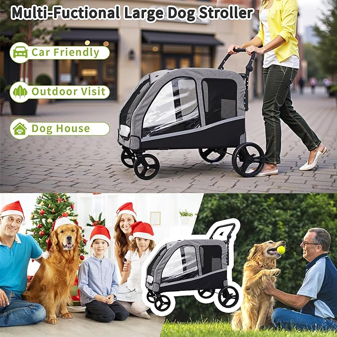Large Dog Stroller for Medium/Large Dogs up to 130 lbs, Foldable Pet Stroller with 4 Wheels, Adjustable Handle, Heavy Duty Dog Carriage for Senior, Disabled, Injured Pets, Grey