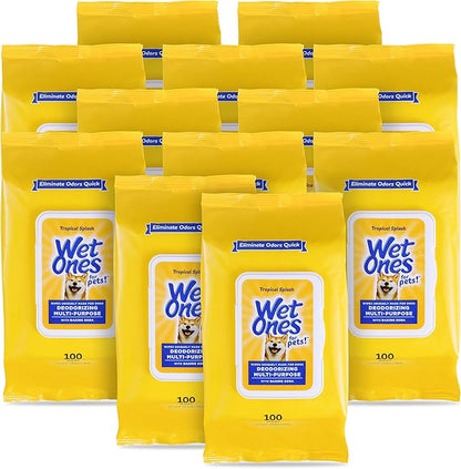 Wet Ones for Pets Deodorizing Multipurpose Dog Wipes with Baking Soda, Tropical Splash Scent - Desmellizing Wipes for Dogs with Wet Lock Seal, 100 Count - 12 Pack