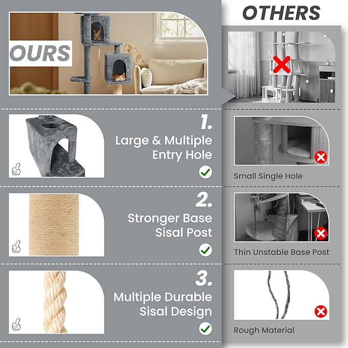58in Large Cat Tree Tower for Indoor Cats with Soft Plush Hang Ball, Two Condos, Sisal Scratch Posts & Rope Play for Kittens/Adult Cats, Grey