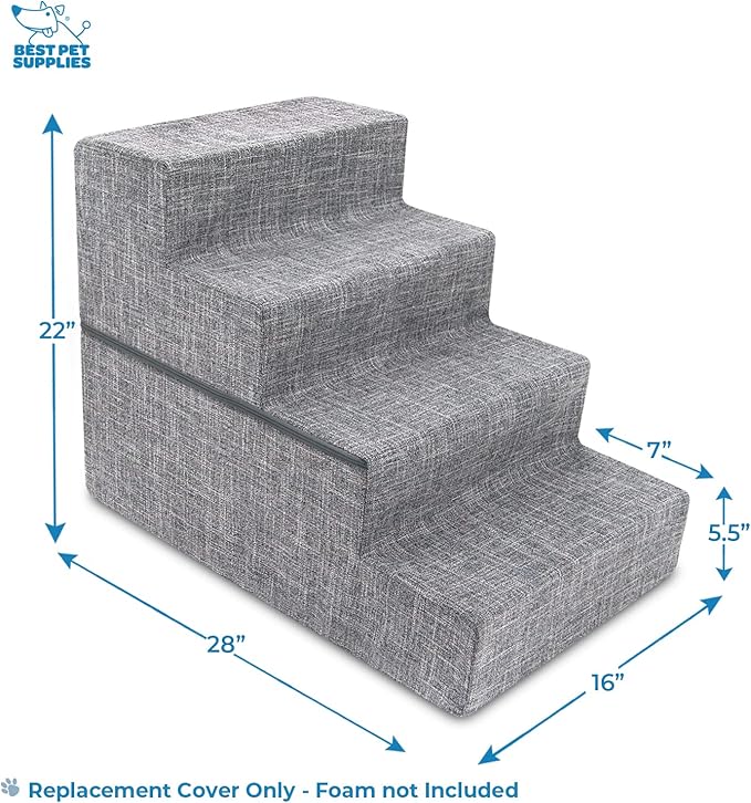 Best Pet Supplies Dog Stairs & Steps - Foam Steps for Small Dogs & Cats, Non-Slip Indoor Balanced Pet Step Support, Dog Ramp, No Assembly, Ash Gray Linen, Foldable 4-Step (22-inch Height)