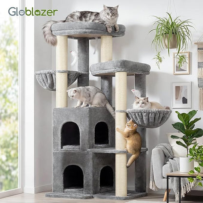 Globlazer Cat Tree Tower for Indoor Cats, Sturdy Adult Cat Tree House for Large Adult Cats with 2 Platform, 6 Cat Scratching Post, 2 Cat Caves, Dangling Toys, S63, 63 inch, Light Grey