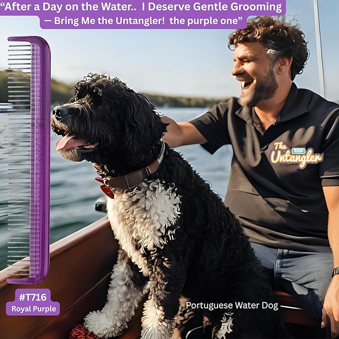 Pet comb for easy mat removal - silky smooth rotating teeth untangles without causing pain to pets. (7", Purple)