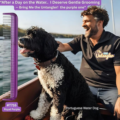 Pet comb for easy mat removal - silky smooth rotating teeth untangles without causing pain to pets. (7", Purple)