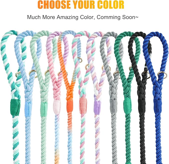 Dog Leash 5 FT Handmade Braided Cotton Rope Leashes for Small Medium and Large Dogs, New Golden Heavy Duty Metal Clasp, Colorful Rainbow