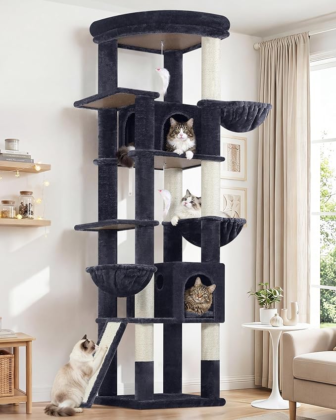 Globlazer Extra Large Cat Tree, 78 inch Sturdy Tall Cat Tree Tower for Indoor Multiple Large Adult Cats Kittens with 6 Scratching Posts, Enlarged Top Perch, 2 Padded Condos, S78G, Dark Grey