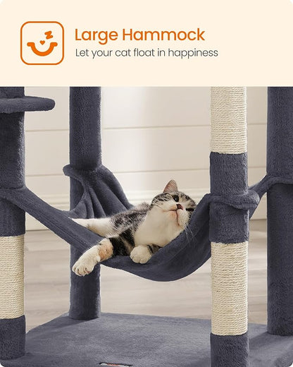 Feandrea Cat Tree, 73.2-Inch Tall Cat Tower, Plush Multi-Level Condo with 5 Scratching Posts, 2 Perches, 2 Caves, Hammock, 2 Pompoms, Smoky Gray UPCT191G01