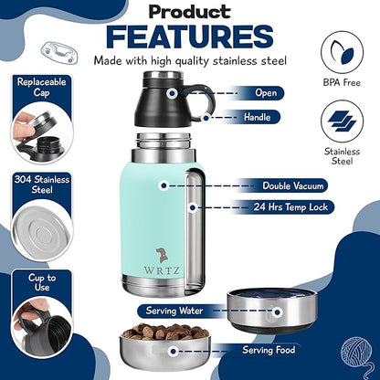 Portable Dog Water Bottle with 2 Removable Water Bowls for Dogs – Leak-Proof Insulated Stainless Steel Dog Water Bottle - Travel Accessories for Dogs - 32oz - Teal