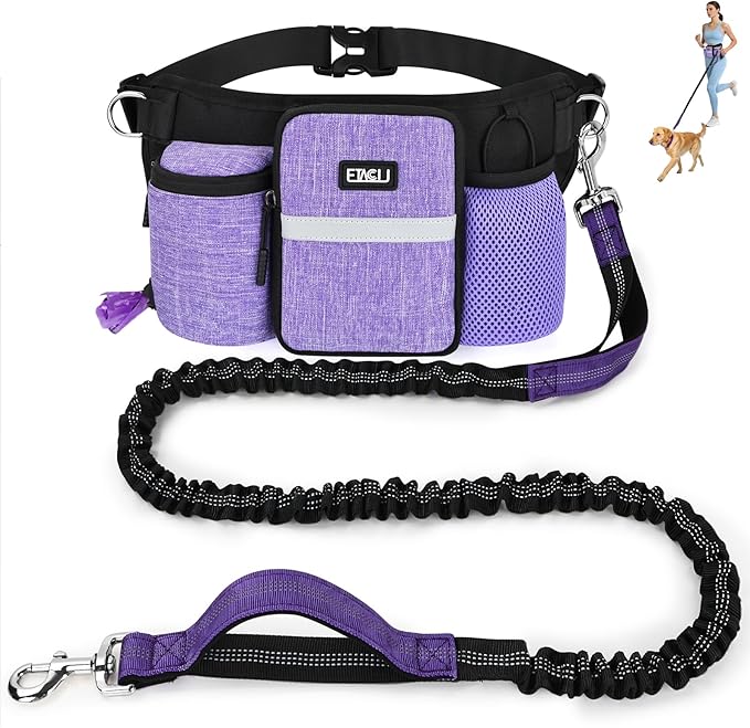 ETACCU Heavy Duty Hands Free Dog Leash with Zipper Pouch Waist Belt for Large Medium Dogs for Running, Walking, Jogging and Hiking, Dual Padded Handles and Durable Bungee (1 Dog Purple)