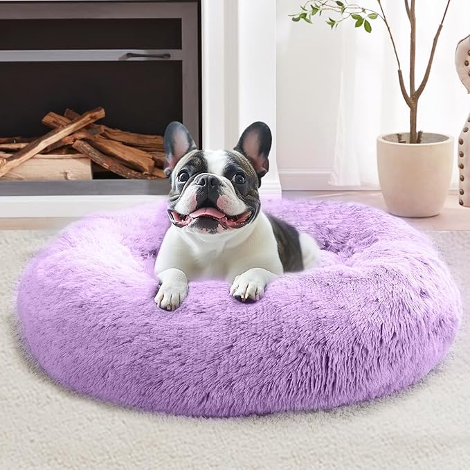 JOLLYVOGUE Calming Dog Beds Large Sized Dog, 36in Donut Washable Large Pet Bed, Anti-Slip & Anti-Anxiety Fluffy Faux Fur Round Dogs Bed, Fits up to 80 lbs Pets (Purple)