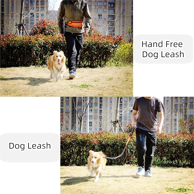 FJ Four Joys Hands Free Dog Leash with Zipper Pouch, Waist Leash for Dog Walking with Shock Absorbing Bungee for Walking, Jogging and Running (Orange)