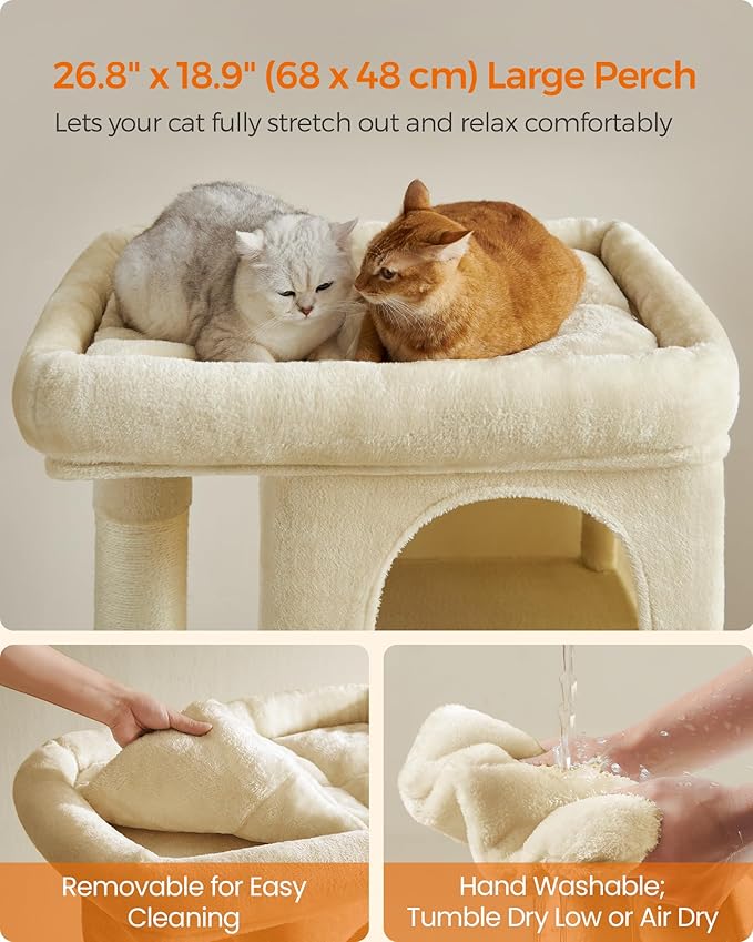 Feandrea Cat Tree, 40.6-Inch Cat Tower, Plush Condo for Extra Large Cats up to 44 lb, Large Perch, 2 Caves, Scratching Post, Beige UPCT614M01