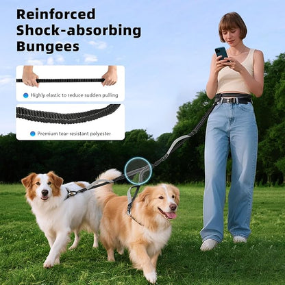 Hands Free Dog Leash, Waist Leash for 2 Dogs, Adjustable Double Hands Free Lead with Detachable Waist Belt, Padded Handles, Shock Absorbing Bungee for Walking Jogging Hiking, Black+Gray