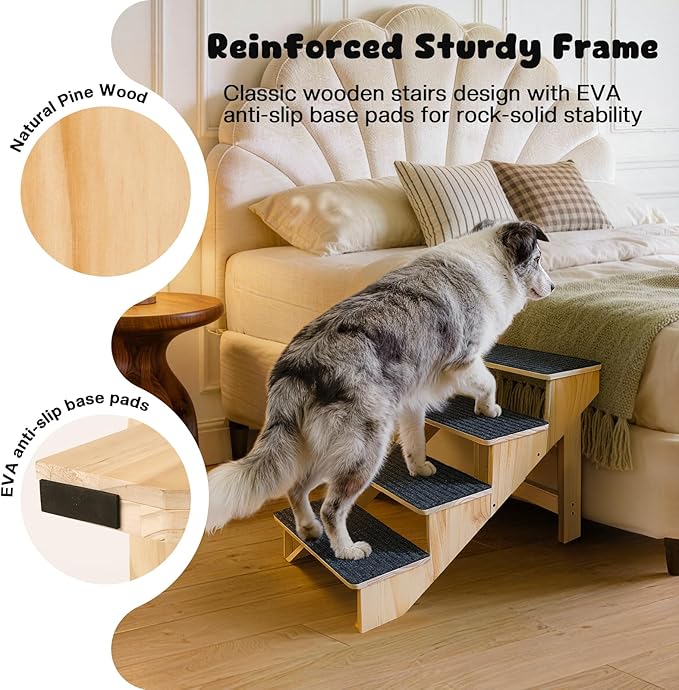 4-Step Dog Stairs for Large Dogs, Solid Wooden Dog Steps for Beds/Couch with Carpet, 24 Inches Anti-Slip Pet Stairs for High Beds, Ramp for Older/Senior Dogs, Pet Bed Stairs to Get on Bed/Sofa