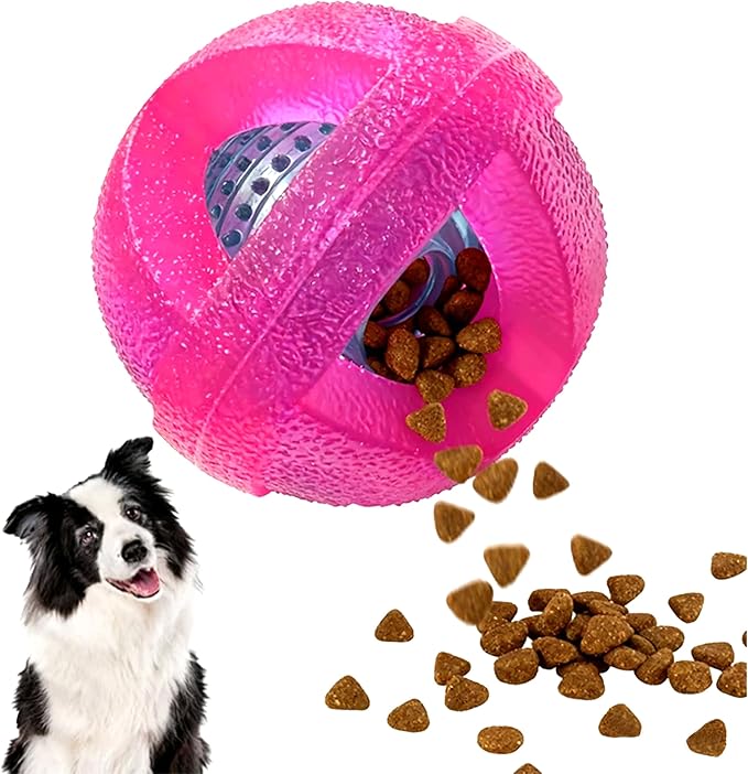 Dog Ball Toy for Chewing and Treat Dispensing - Tough Rubber Puppy Chew Toys Interactive Puzzle Balls for Teething & Slow Feeding, 3.5 Inch (Pink)