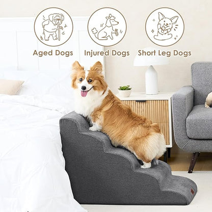 EHEYCIGA Curved Dog Stairs Ramp for High Beds 22.6" H, 5-Step Dog Steps for Small Dogs and Cats, Pet Stairs for High Bed Climbing, Non-Slip Balanced Pet Step Indoor, Grey