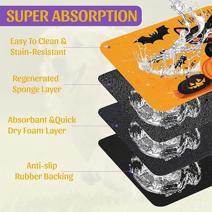 Halloween Cat Pet Feeding Mat, Absorbent Dog Bowl Pad, Quick Dry with Anti-Skid Bottom, Indoor Pet Accessories – 16x24 Inch