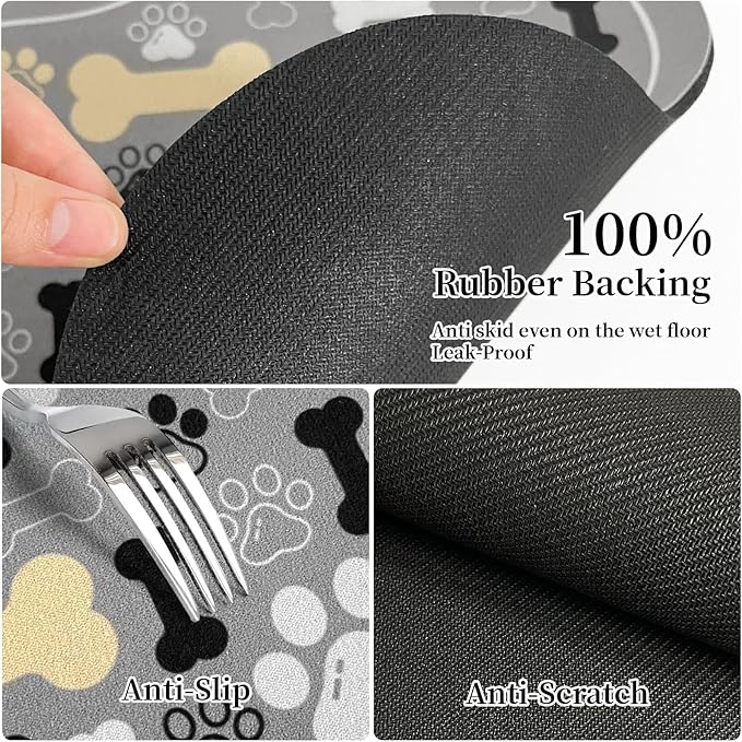 Dog & Cat Food Mat Bone Shaped Pet Feeding Mat Quick Absorb Water Bowl Placemat with Rubber Backing Indoor Floor Stain Resistant Pet Accessory Supplies (Gray, 12x18 Inches)