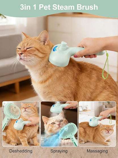 Dog Cat Steam Brush With UV Light, 3 in 1 Release Button Self-Cleaning Grooming Brush for Pets Cats Dogs, Hair Massaging Shedding for Small Animals Long Short Haired - Green
