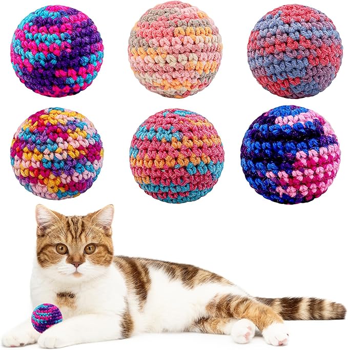 Woolen Yarn Cats Ball Toy with Bell Inside, 6Pcs Colorfull Hand-Knitted Indoor Cat Toys Jingle Bell Balls, Kitten Interactive Toys for Hunting/Kicking/Chasing