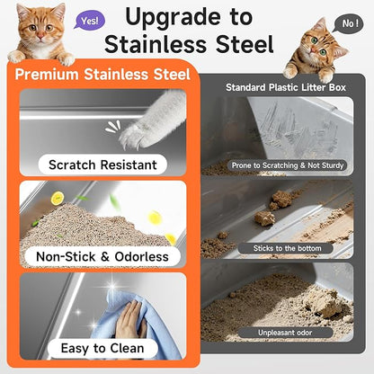 Stainless Steel Cat Litter Box, Odor Free Metal Litter Box with High Sides Lid, Open Top Low Entry Litter Pan Include Scoop Easy Cleaning Anti-Scratch Kitty Cat Box Anti-Urine Leakage, Non-Sticky, M