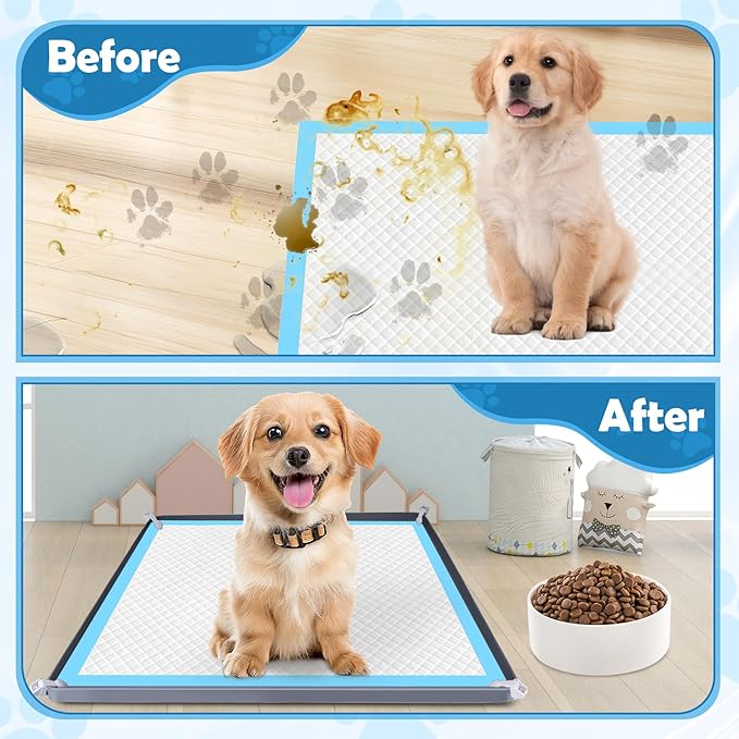 Dog Pee Pad Holder, Dog Potty Tray Silicone Puppy Pad Holder Tray Fits for 37.4" x 25.4" Training Pads, Puppy Potty Tray with 4 Clamps No Spill Raised Lip High Edge for Floor Protection (Grey)