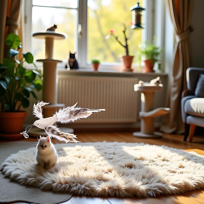 White Burlap Bird Cat Feather Toys, Interactive Toy with Refills, Wand Toy for Indoor Interactive Cat Feather Toys