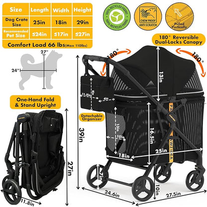PAWZIDEA Dog Stroller for Large Dogs up to 80 lbs, Lockable No-Zip 180° Reversible Canopy, One-Hand Foldable Pet Stroller for 2 Medium Dogs, All-Terrain Jogger Wheels, Storage Organizer, Chew-Proof