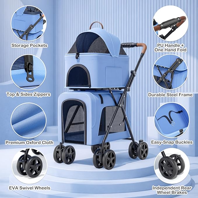 MoNiBloom Double Dog Stroller with Detachable Carriers, 2 in 1 Pet Stroller for Small Medium Dogs Cats, One-Hand Fold Lightweight Pet Buggy with Storage Basket & Canopy