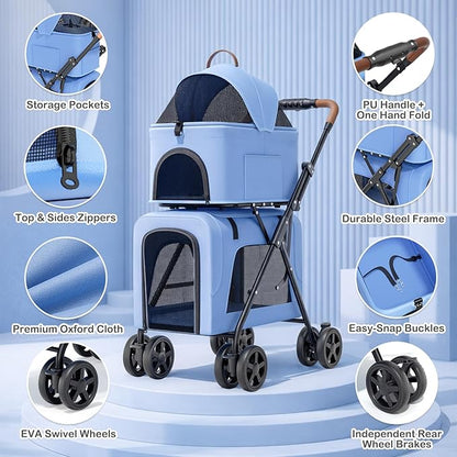 MoNiBloom Double Dog Stroller with Detachable Carriers, 2 in 1 Pet Stroller for Small Medium Dogs Cats, One-Hand Fold Lightweight Pet Buggy with Storage Basket & Canopy