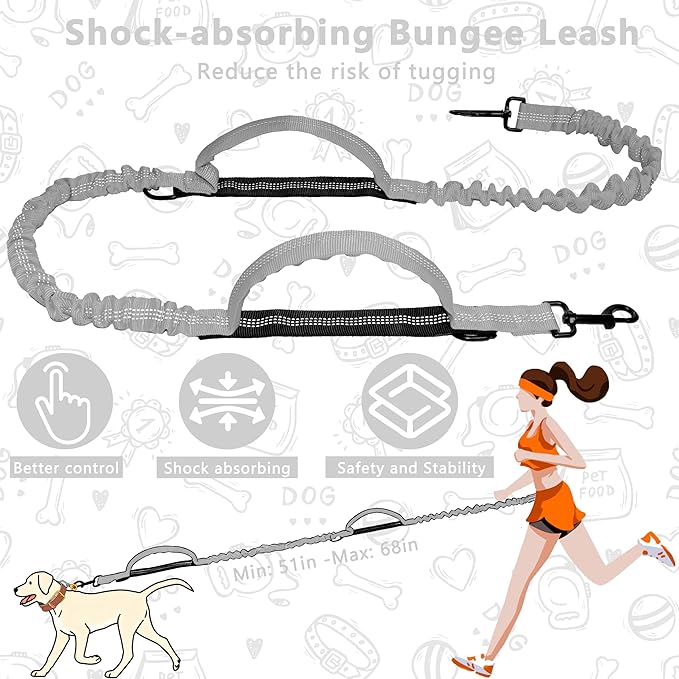 Hands Free Dog Leash with Zipper Pouch, Running Waist Leash for Dog Walking, Adjustable Waist Belt for Large Dogs, Reflective Bungee Design with Two Handle for Hiking, Training, Grey
