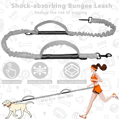 Hands Free Dog Leash with Zipper Pouch, Running Waist Leash for Dog Walking, Adjustable Waist Belt for Large Dogs, Reflective Bungee Design with Two Handle for Hiking, Training, Grey