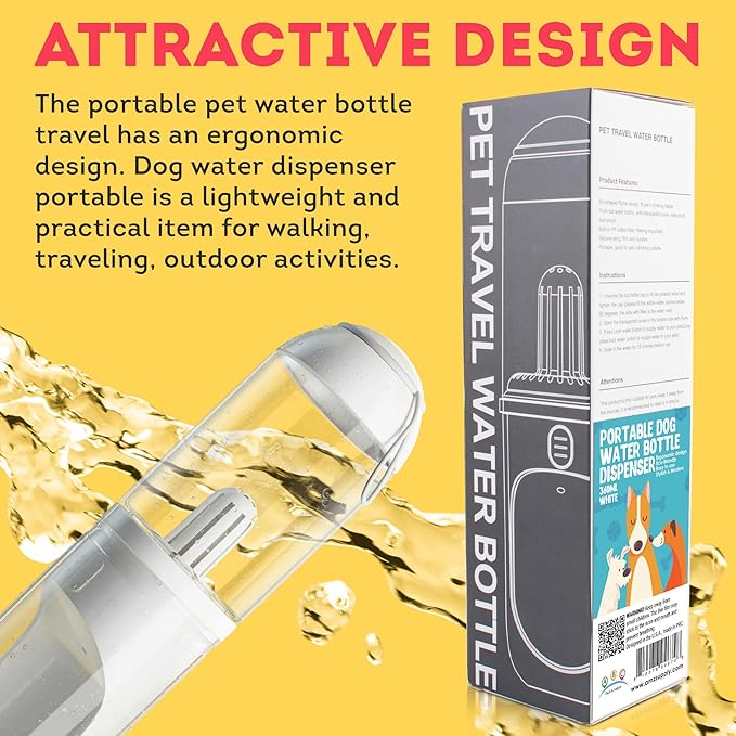 ABC Pack & Supply Dog Water Bottle Dispenser Portable, 12 oz Travel Size, Clear White ABS, One-Hand Button, Silicone Wrist Strap