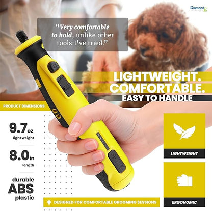 Diamondg Cordless Dog Nail Grinder with Quiet Sound & LED Tip for Large & Small Dogs, 4hrs. Runtime - Electric Dog Nail Trimmer, Heavy Duty Rotary Tool Alternative to Toenail Clippers & Filers