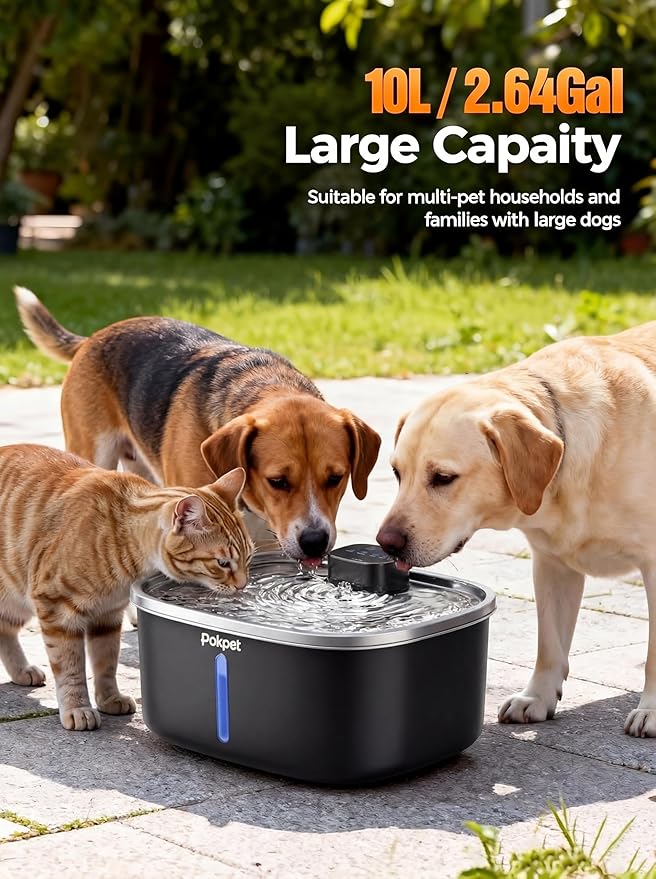Water Fountain for Dogs Cats Stainless Steel 10L/2.64Gal Wireless Smart Automatic Water Dispenser Cordless Quiet Bowl Multi-Filtered Multi-Pet Home Outdoor -Wireless Black&1Filters