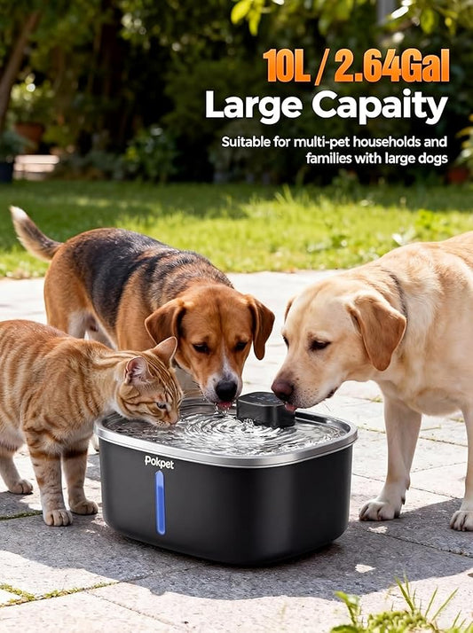 Water Fountain for Dogs Cats Stainless Steel 10L/2.64Gal Wireless Smart Automatic Water Dispenser Cordless Quiet Bowl Multi-Filtered Multi-Pet Home Outdoor -Wireless Black&1Filters