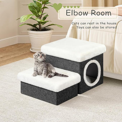 B FSOBEIIALEO Cat House Pet Stairs for Beds Sofa, Foldable Dog Steps 2-Tier With Storage Toy Box, Small Indoor Pet Steps Grey 15.7x12.6x12.6 Inches