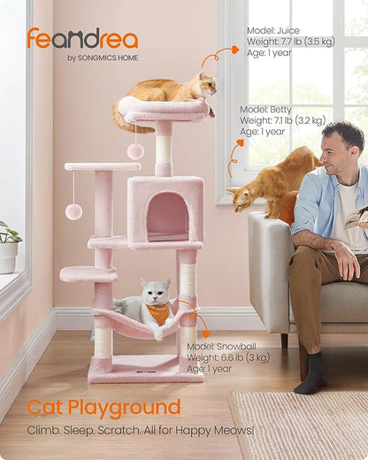 Feandrea Cat Tree, 44.1-Inch Cat Tower, Plush Multi-Level Condo with 4 Scratching Posts, 2 Perches, Hammock, Cave, Jelly Pink UPCT261P01