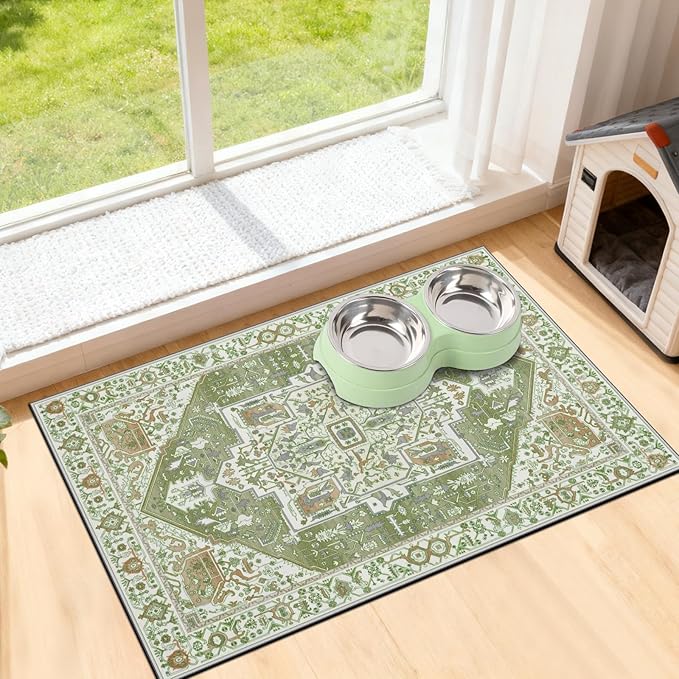 famibay Dog Food Mat, Absorbent Cat Dog Mats for Food and Water, No Stains Quick Dry Pet Cat Bowl Mats with Non Slip Backing, Boho Pet Feeding Mat for Floor Waterproof 16"x24"