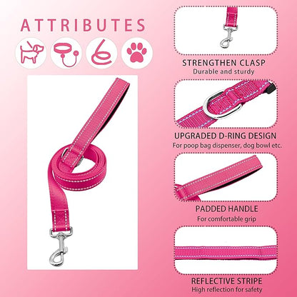 Reflective Dog Collar with Safety Locking Buckle, Adjustable Soft Breathable Nylon Collars for Small, Medium and Large Dogs(Collar+Leash M Hotpink)