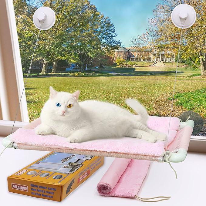 ZALALOVA Cat Window Perch, Pink Cat Hammock Window Seat Free Fleece Blanket for Female 2026 Latest Screw Suction Cups Extra Large Sturdy Bed Resting Indoors (One Extra Suction Cup)