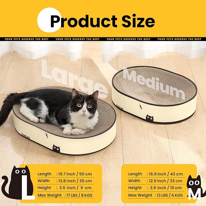 Large Oval Cat Scratcher Bowl, Cardboard Cat Scratching Pad & Lounge Bed, High-Density Reversible Cat Nest for Large Indoor Cats, Furniture Protector with Ergonomic Curve, Gift Catnip Included