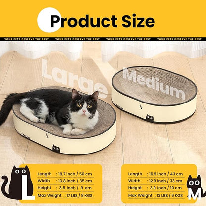 Large Oval Cat Scratcher Bowl, Cardboard Cat Scratching Pad & Lounge Bed, High-Density Reversible Cat Nest for Large Indoor Cats, Furniture Protector with Ergonomic Curve, Gift Catnip Included