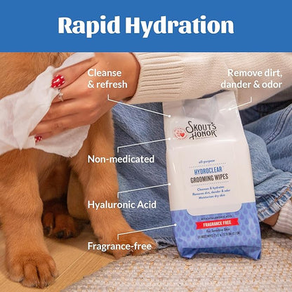 SKOUT'S HONOR HydroClear Grooming Wipes w/Hyaluronic Acid - for Your Dogs and Cats - Great for Hydration of Your Pets Skin and Fur - Fragrance-Free - 100ct