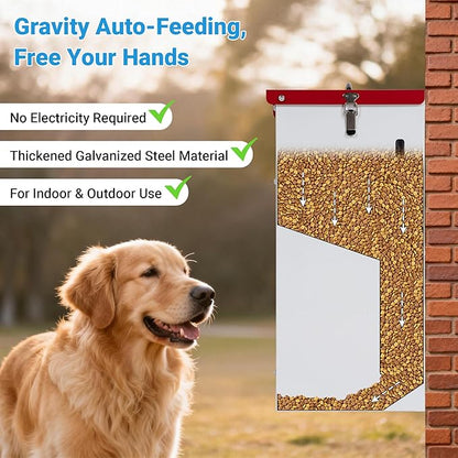 Metal Automatic Dog Feeder - 50LBS Capacity Automatic Gravity Dispenser, Powder Coated & Waterproof for Indoor & Outdoor Use, 16.1" L x 12.2" W x 27.8" H, Red and White