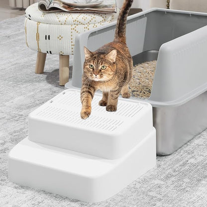 BALAPET Adjustable 3 Steps Litter Box Ramp with Filter Function, Detachable Litter Trapper, Easy Clean Cat Litter Stair for Small & Elderly Cats(White)