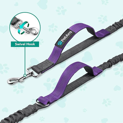 PetAmi Hands-Free Dog Leash for Walking, Running & Hiking, Heavy Duty Bungee Waist Leash with Dual Padded Handles, Adjustable Reflective Belt for Small, Medium & Large Dogs up to 150 lbs, Purple