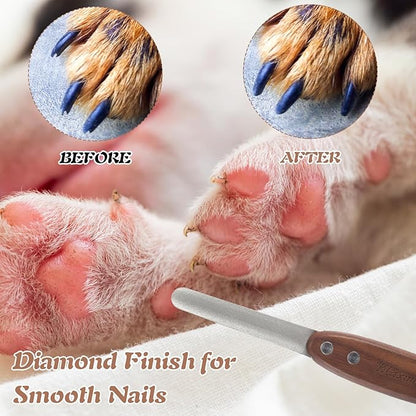 Dog Nail File, Diamond Coated Metal Nails Filer for Dogs Cats Pets with Ergonomic Walnut Handle, Smooth and Shape Rough Edges Remove Burs