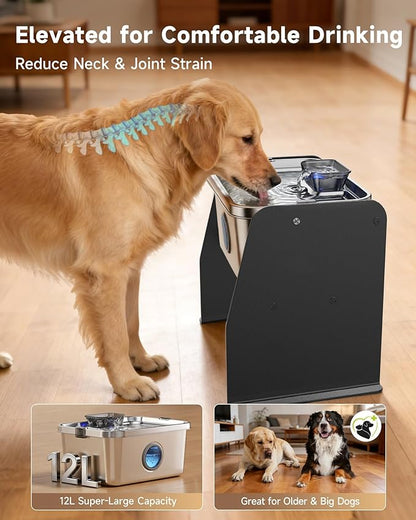 12L/3.2Gal Dog Water Fountain Elevated, Stainless Steel Pet Water Fountin with Adjustable Metal Stand, Raised Automatic Dog Water Bowl Dispenser for Large Dogs, Quiet Dog Fountain with Water Window